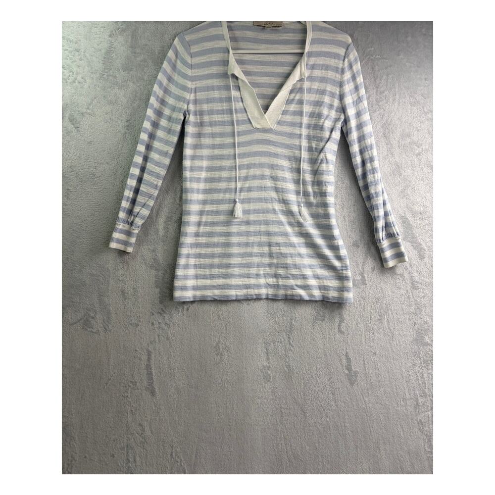 LOFT Blue White Striped Tassel Tie V-Neck Long Sleeve Top - Size XS - Picture 4 of 9
